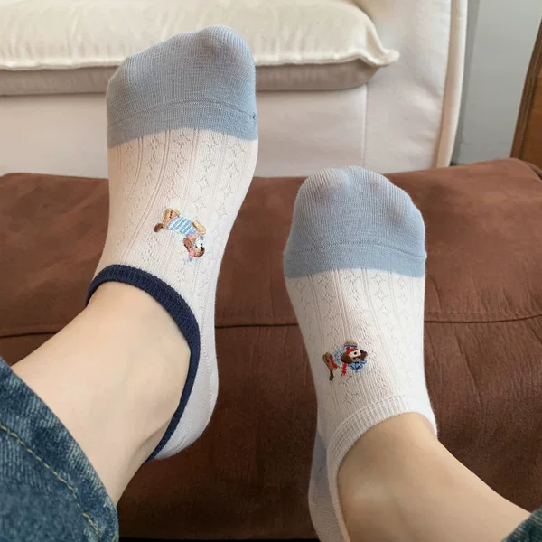 Summer Low-Cut Short Socks for Women, Cartoon Puppy Non-Slip Invisible Socks, Xinjiang Cotton, Sweat-Absorbent, Breathable, Japanese-Style Cute Socks for Women