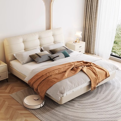 Floating leather bed Italian minimalist top layer cowhide bedroom Double smart bed Master bedroom Queen bed Down soft package Wedding bed