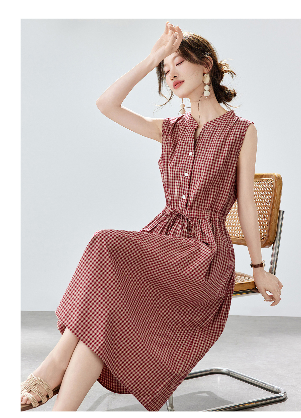 Đầm maxi nữ thắt eo cổ V rút dây, dáng chữ A trung niên mùa hè — Sọc Tây Tạng, Lưới đỏ, Sọc kaki chi tiết 13