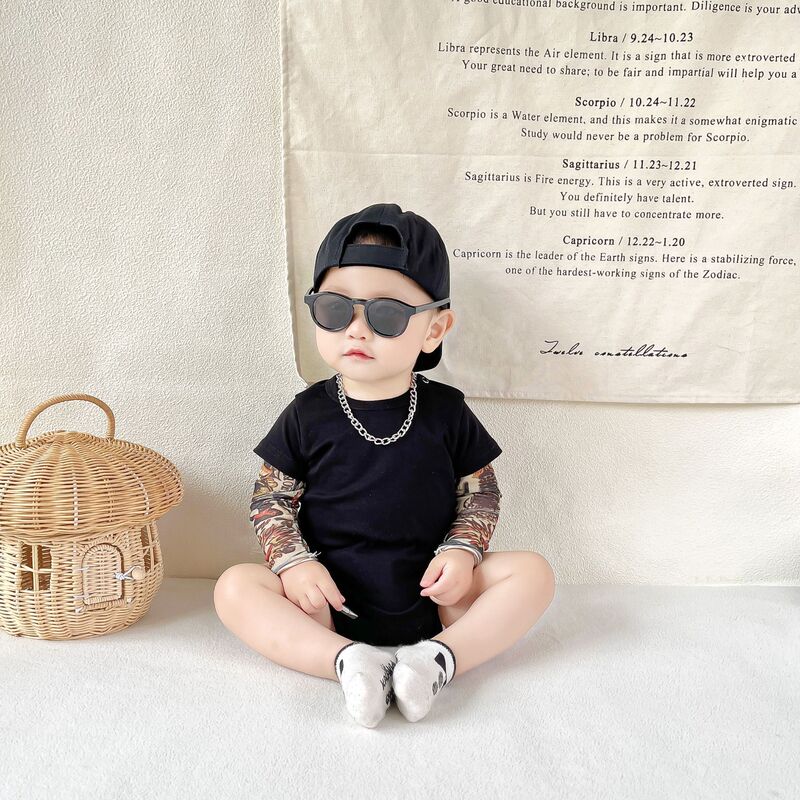 Sun Protection 2026 Ins Internet Celebrity Fake Two-Piece Tattoo Sleeve Baby Romper Cotton Boy Triangle Bodysuit Onesie