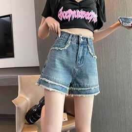 复古毛边牛仔短裤女夏季新款宽松个性百搭a字高腰显瘦阔腿短裤