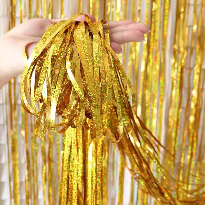 Cortina de seda láser al por mayor colorida decoración de luz brillante fiesta día de los niños casa de boda cumpleaños decoración de cortina de puerta