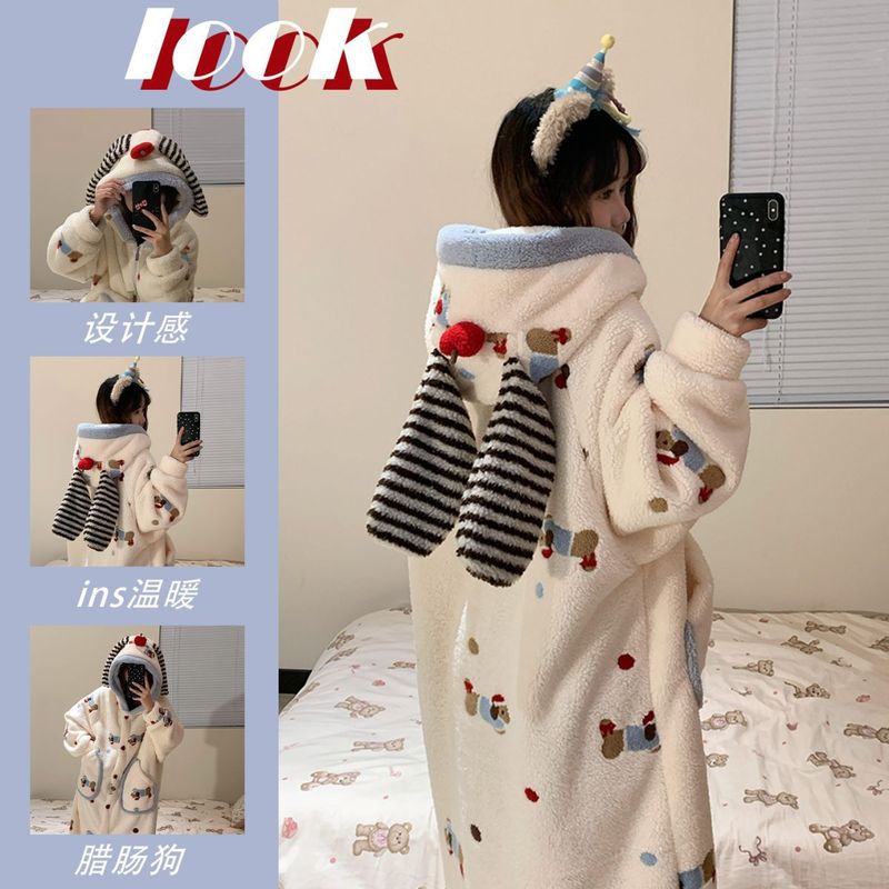 ソーセージ犬のパジャマの女性秋の冬の厚いサンゴのベルベットのパジャマの漫画のかわいい少女フランネルの家庭服のセット|undefined