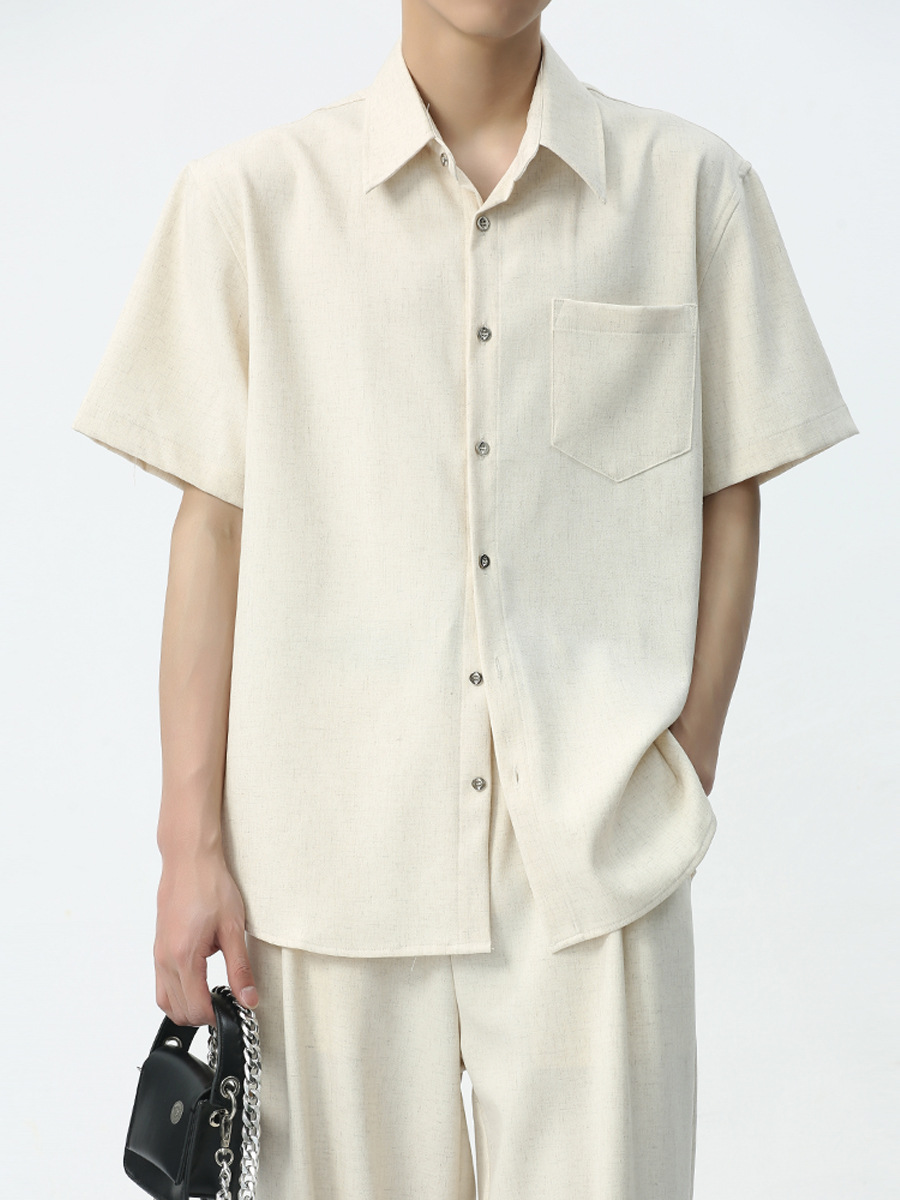 MTLCLOTHES Hombres| 2024 primavera nuevo color sólido retro textura contorno camisa de manga corta pantalones largos