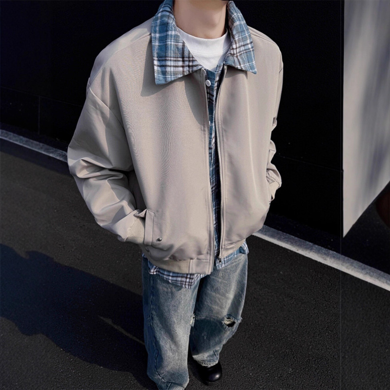 Korean Style Jacket for Men and Women, Spring and Autumn Retro Cleanfit Fake Two-Piece Flannel Shirt, Ma1 Turn-Down Collar Flight Jacket
