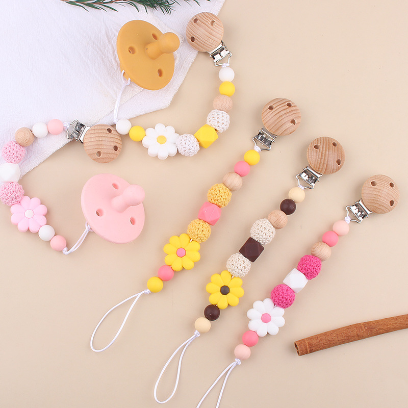 Nuevo clip de chupete de haya para bebés, creativo bebé de dibujos animados de silicona margaritas muerde los dientes, cadena de chupete anti-caída