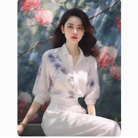 新中式女装中国风蓝色印花短袖衬衫2024新款雪纺衫气质女神范上衣