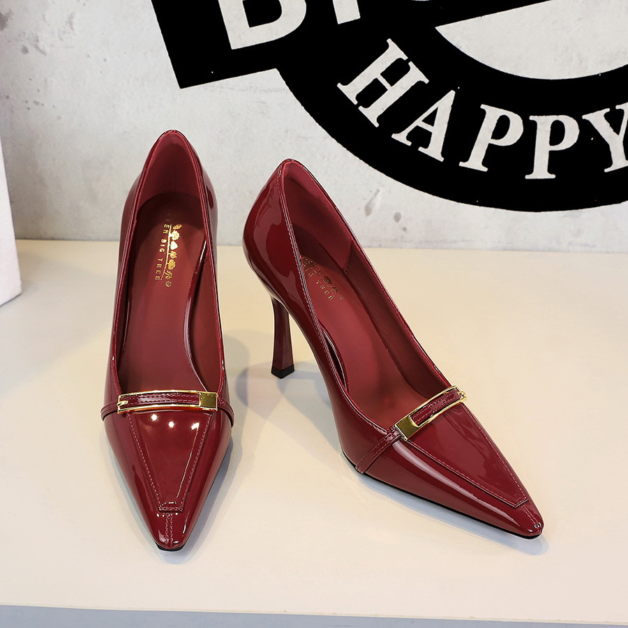 1619-7 Korean Style Sexy Party High Heels Metal Buckle Pointed Toe Shallow Mouth Stiletto Women's Shoes Professional_vogvips.com