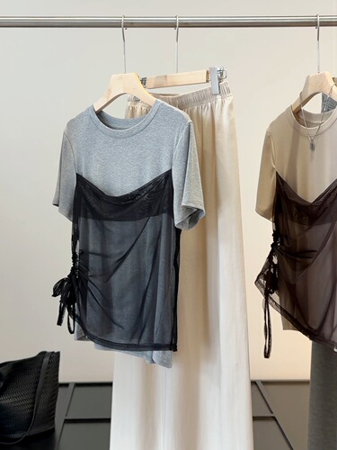 Gray fake two-piece mesh drawstring short-sleeve T-shirt women's summer high-end niche splicing all-match casual slimming top