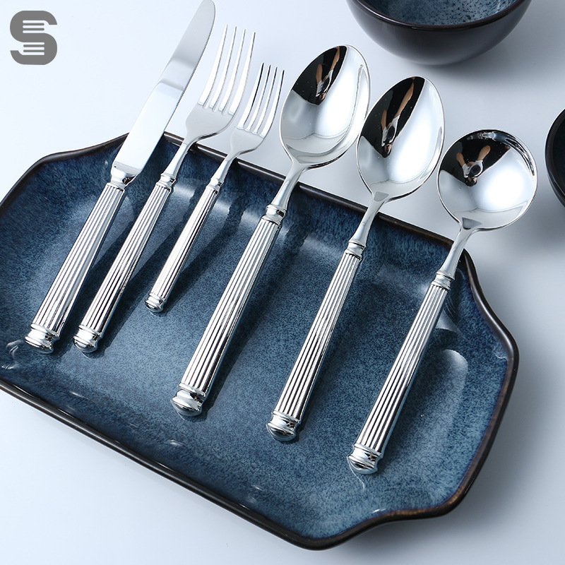 Roman Series Silver-Plated Stainless Steel Knife, Fork, and Spoon Western-Style Cutlery Set Steak Knife and Fork Four-Piece Set 304 Stainless Steel