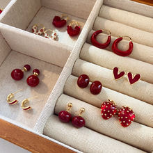 高品质925银针安可拉红色耳环复古轻奢高级感锆石耳钉简约耳饰女