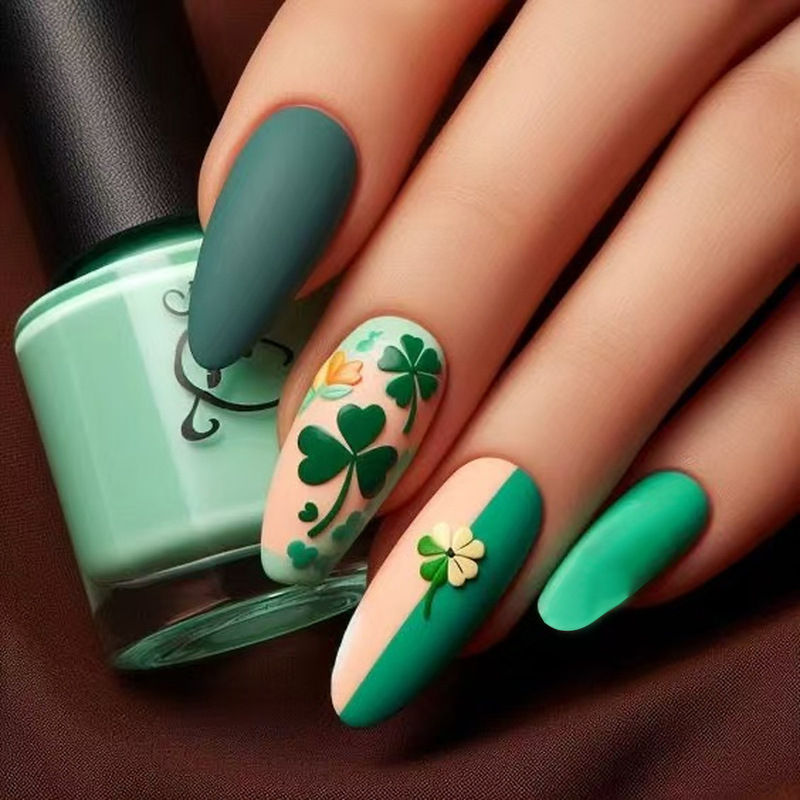 Green Spring St. Patrick's Day Clover Pattern Design with Almond Matte Finish Wearable Nail Tips Green Spring St. Patrick's Day Clover Pattern Design with Almond Matte Finish Wearable Nail Tips