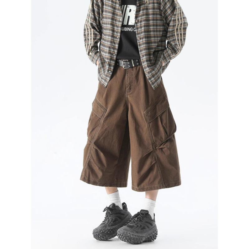 Multi-Pocket Cargo Cropped Pants Men's 2025 Summer New American Style Wide-Leg Loose Straight Casual Shorts Trendy
