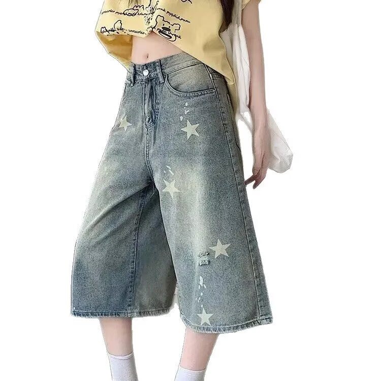 Cross-border American retro star-print denim shorts for women, featuring a distressed wash, loose fit, wide legs, and a casual, cropped length Cross-border American retro star-print denim shorts for women, featuring a distressed wash, loose fit, wide legs, and a casual, cropped length