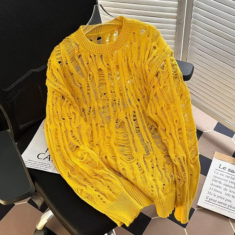 Übergroßer, lässiger Strickpullover für Herren mit einzigartigem Cut-Out-Design. Lockere Passform, lange Ärmel, bequemer Pullover für den Alltag (mehrere Farben)_voghion.com