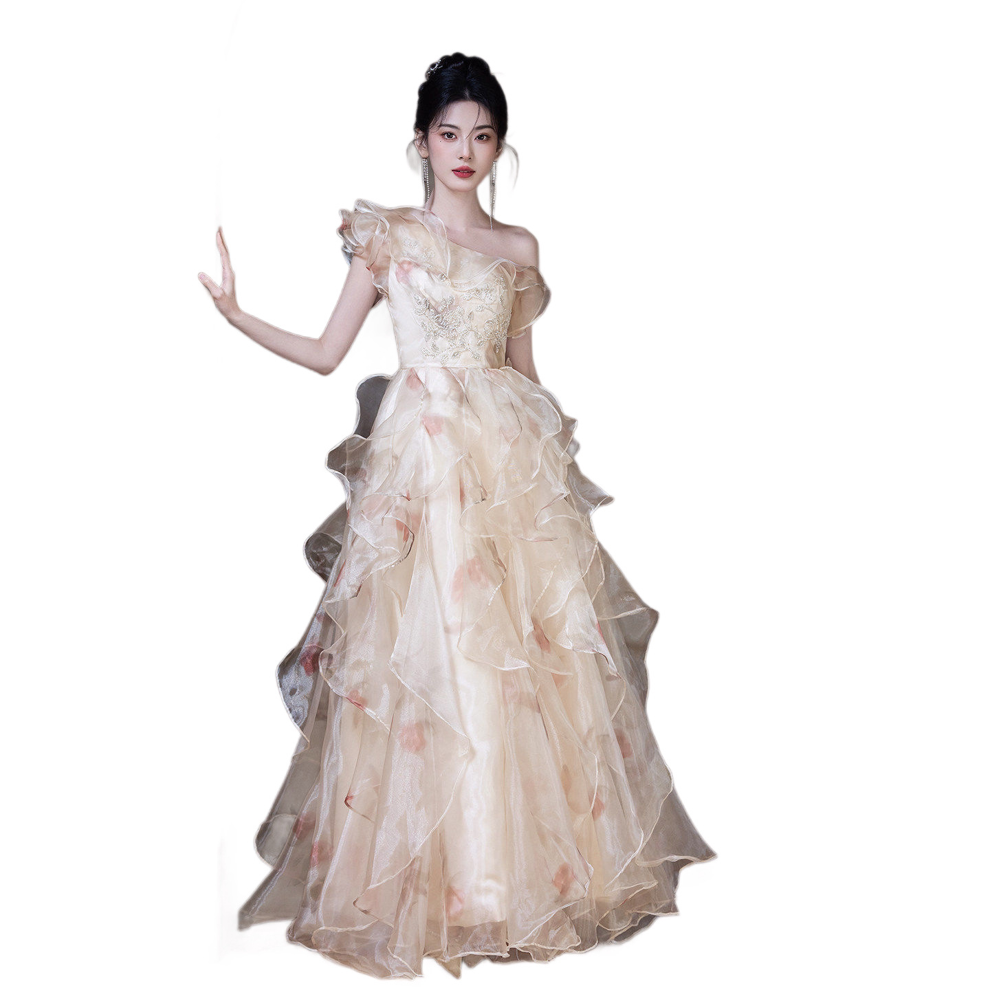 Đầm maxi nữ thắt eo kiểu công chúa tay phồng, cổ lệch vai, phong cách sang trọng — Màu ảnh