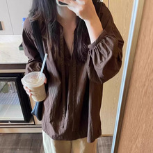 法式复古小众咖色衬衫女初秋装宽松显瘦慵懒风高级感休闲独特衬衣