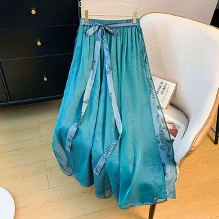 实拍新中式改良汉服气质国风垂顺印花绑带百搭茶服古典阔腿裤裙裤
