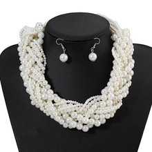 波西米亚风夸张珍珠多层缠绕式项链耳环套装欧美时尚短款项链X030