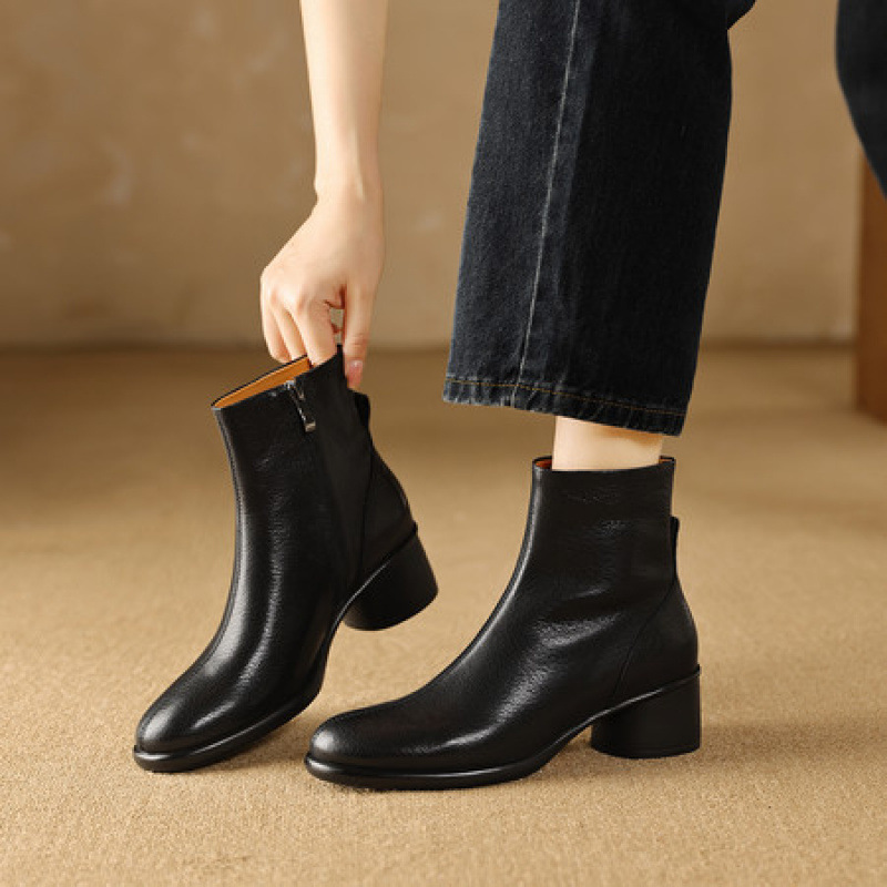 厚底短靴女单靴2025新款秋冬加绒粗跟马丁靴复古风高跟真皮瘦瘦靴