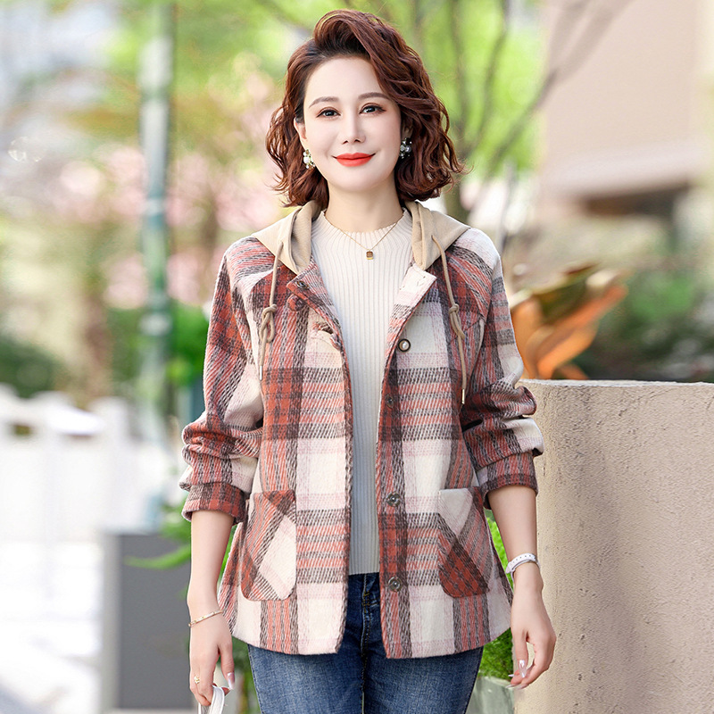 中年妈妈秋装格子毛呢外套短款夹克2025新款中老年女装春秋上衣服|undefined