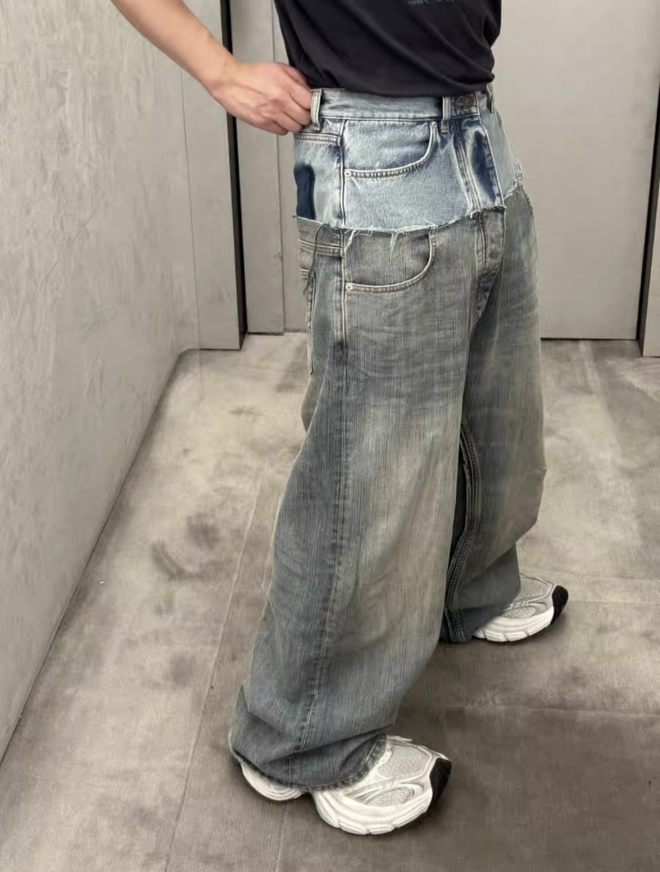 Balenciaga Jeans Patchwork Faux Two-Piece Wide-Leg Distressed Washed Blue