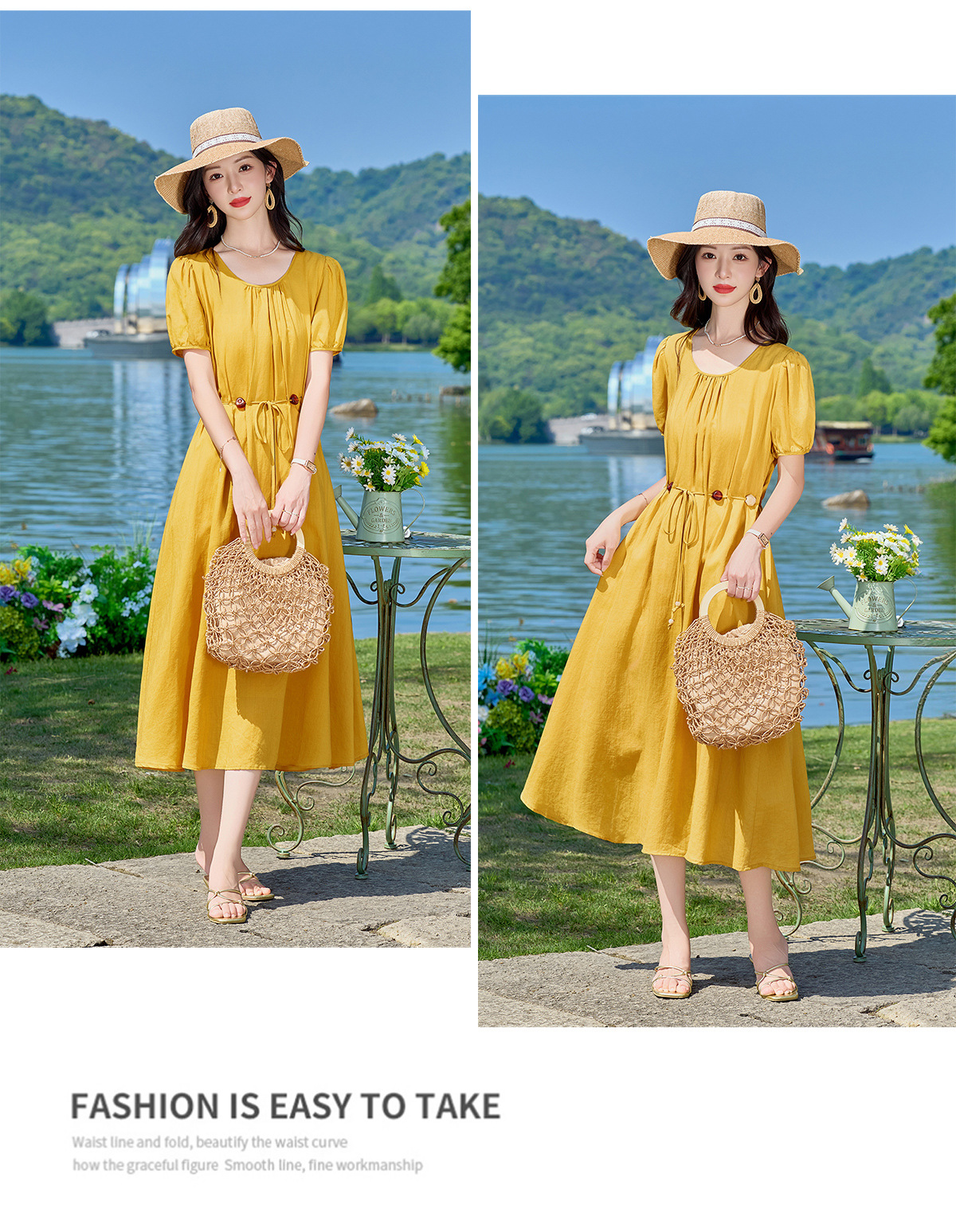 Đầm suông midi cổ V eo thắt dây dáng chữ A tay ngắn — Xanh lông mòng đen, màu trắng, màu vàng chi tiết 21
