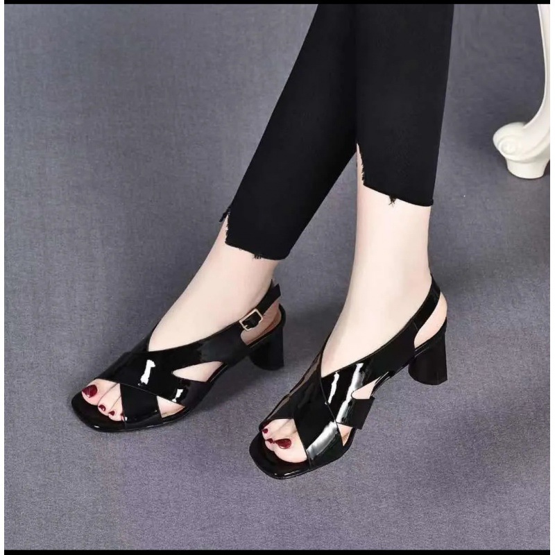 Dép sandal nữ gót dày da bò mềm hở lưng, gót 5 cm — Màu đen (5 cm)