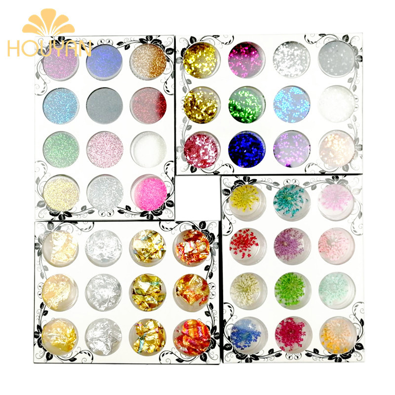 Nail Art Glitter Sequins 12-Color Set Gold and Silver Foil Cut Out Heart Slices Large Dried Flowers Shell Paper Caviar Velvet