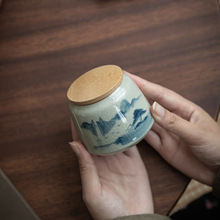 手绘哥窑茶叶罐家用陶瓷小号密封罐子便携茶仓防潮竹盖储存罐子