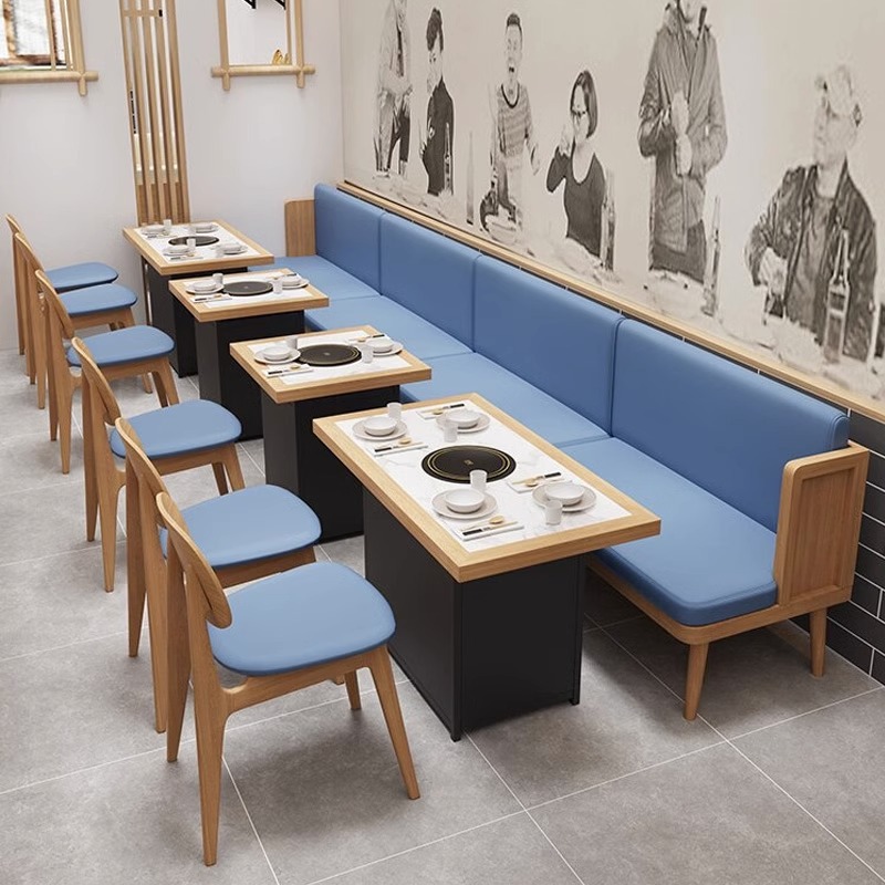 Chinese-style themed restaurant wall seat sofa barbecue fast food store solid wood tea and coffee shop table and chair set commercial