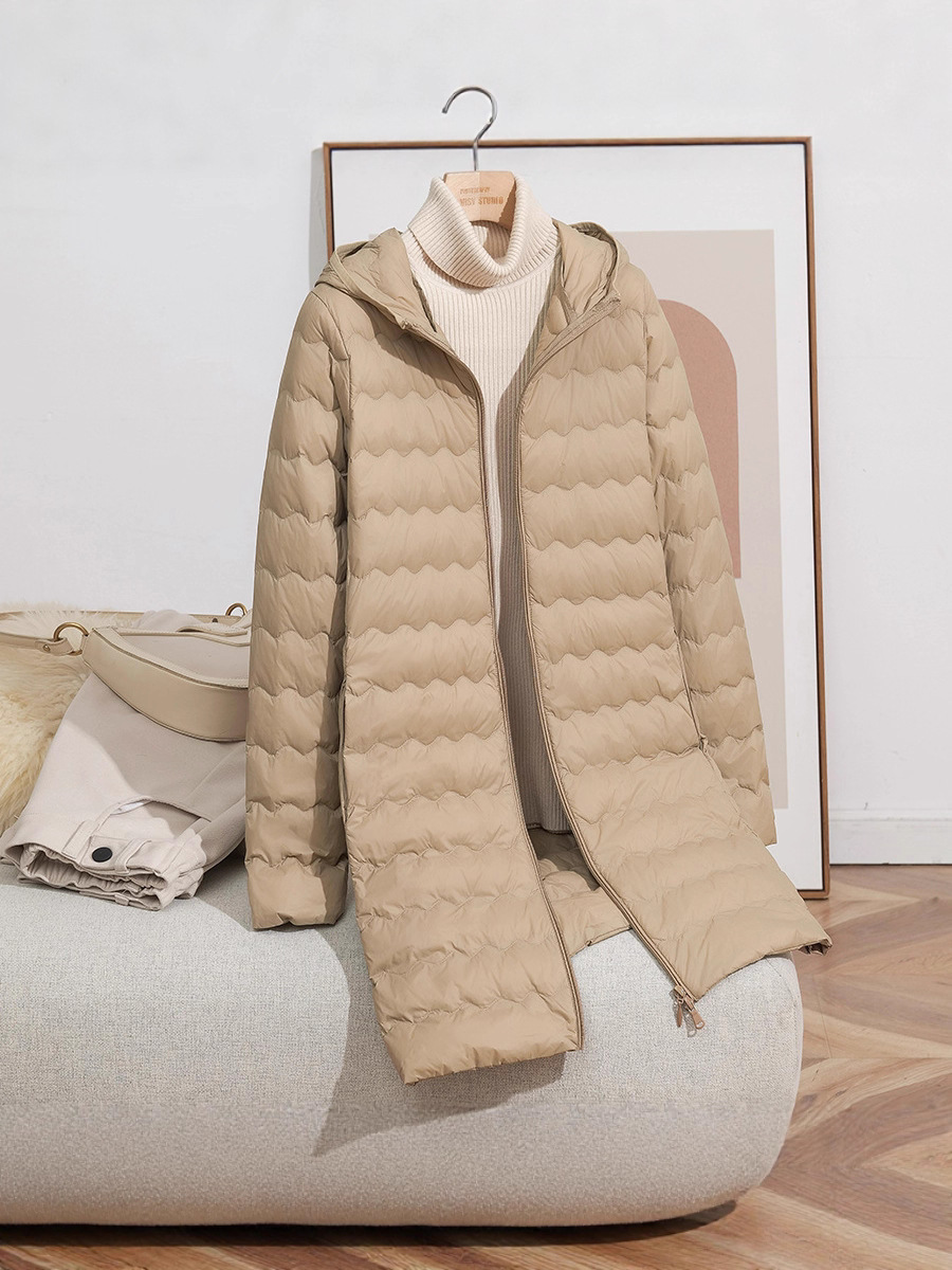 2025 otoño y invierno nueva moda encapuchada onda media y larga chaqueta de pluma ligera y delgada chaqueta con cremallera de mujer caliente marea