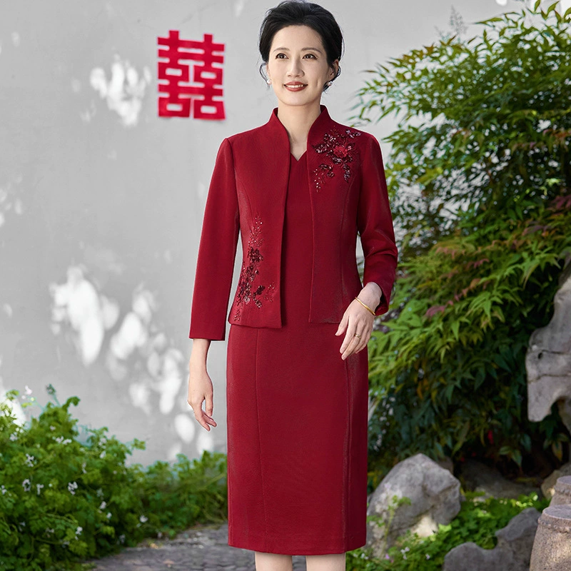 Весенне-осеннее свадебное банкетное платье для мамы, красное свадебное банкетное платье для счастливой свекрови, большой размер, элитный костюм, оптовая продажа