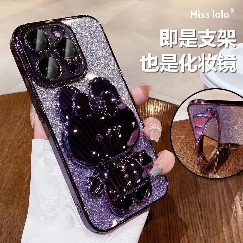 iPhone16に適したグラデーショングリッター電気メッキレンズフィルムウサギ化粧鏡ホルダー携帯電話ケースApple 15シース|undefined