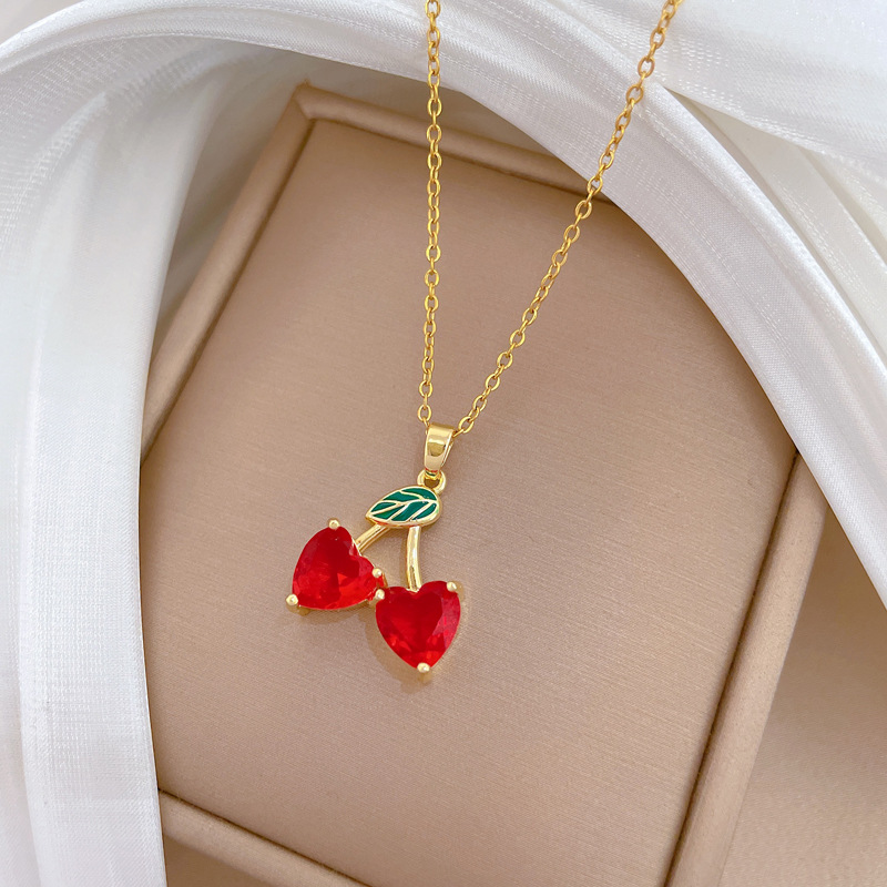 Elegant Red Cherry Necklace In Titanium Steel With Full Diamonds_voghion.com