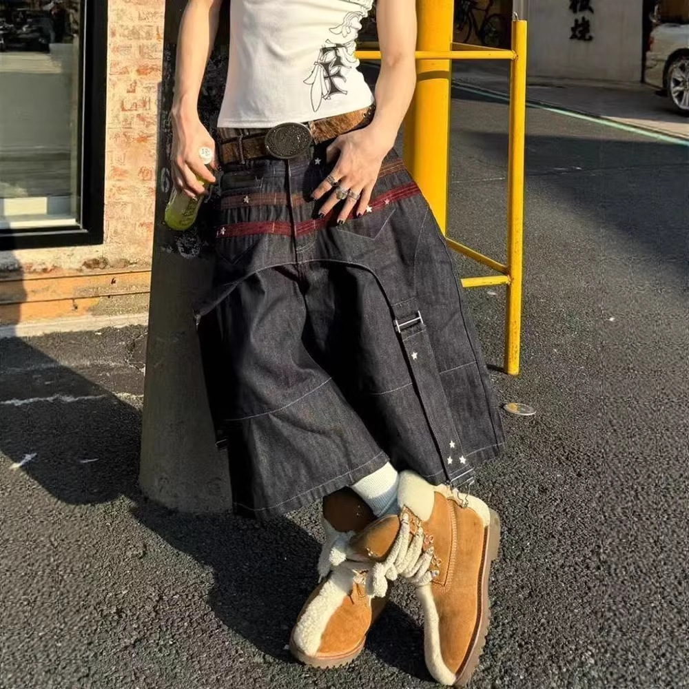 胖mm美式vibe街头重工牛仔裤女大码夏季bf顶珠拼接宽松阔腿七分裤