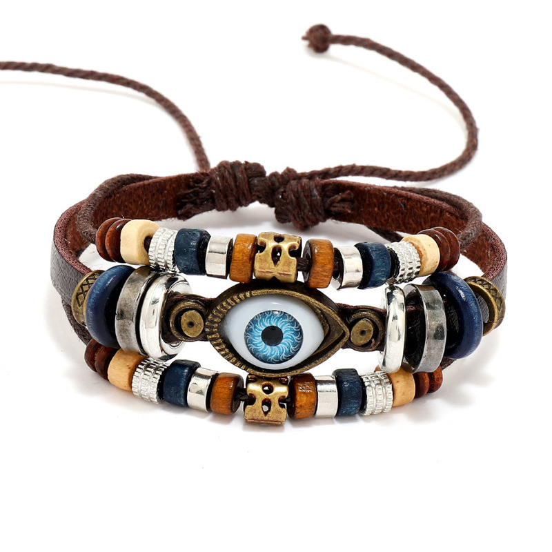 Cross-Border fashion jewelry New beaded eyes cowhide bracelet pull adjustment couple leather bracelet European and American jewelry Cross-Border fashion jewelry New beaded eyes cowhide bracelet pull adjustment couple leather bracelet European and American jewelry