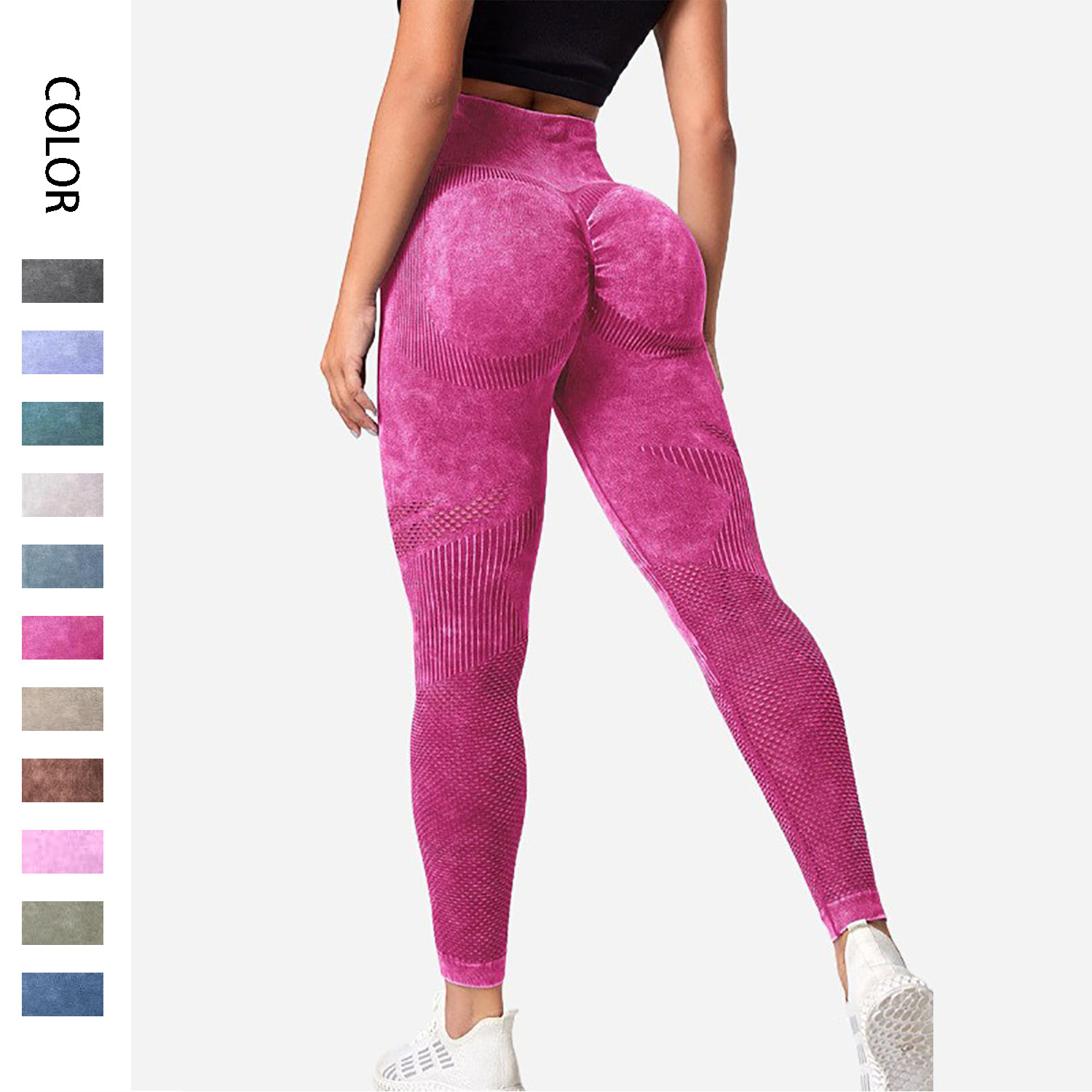 New hollow-out seamless yoga pants clothing high waist Peach Hip lifting fitness pants women's washed frosted tight sports pants