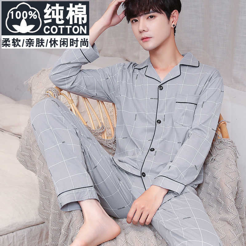 Pijamas 100% algodón de los hombres de manga larga pantalones de primavera y otoño de mediana edad suelta más tamaño desgaste del hogar traje de dos piezas