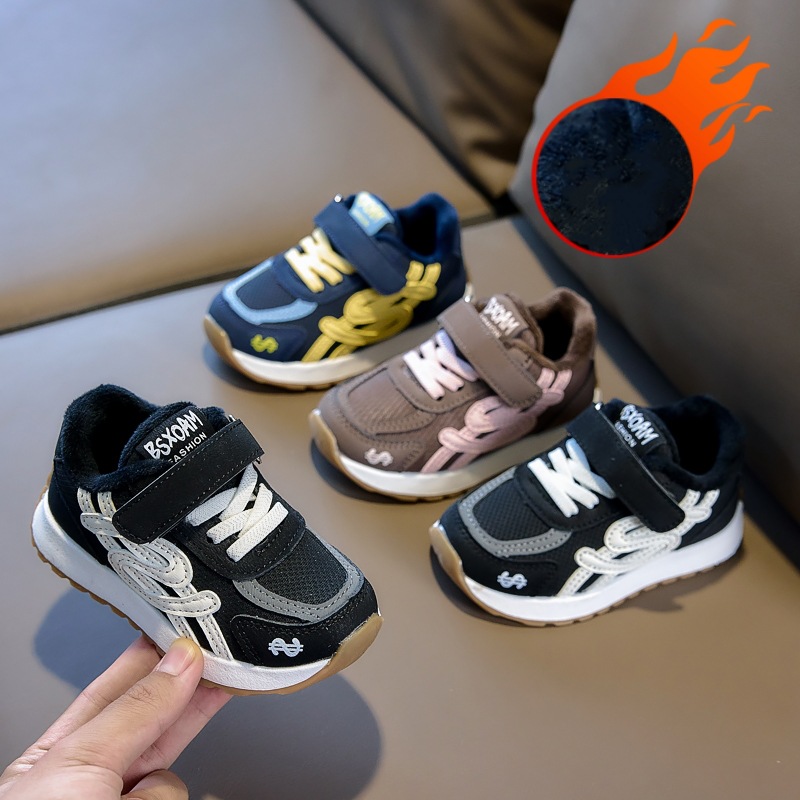 2025 invierno nuevas zapatillas deportivas para niños, niños y niñas, cuero de terciopelo, calentamiento de algodón, zapatos para bebés pequeños