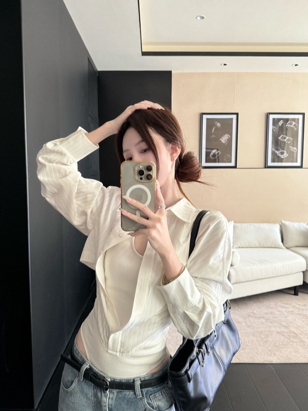 拼接假两件polo领长袖衬衫女早秋修身收腰衬衣白色上衣纯欲连体衣|undefined