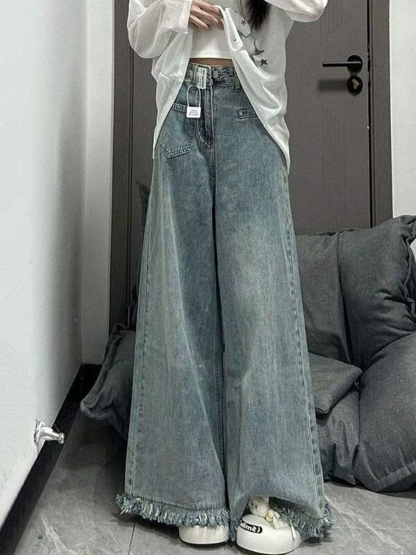 Super wide-leg jeans for petite women, retro Hong Kong style, loose, slimming, casual, versatile, fringed flared floor-length pants, trendy