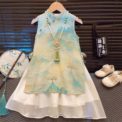2025 Western-style girls 'cheongsam summer new children's Chinese printed dress long dress baby China style dress