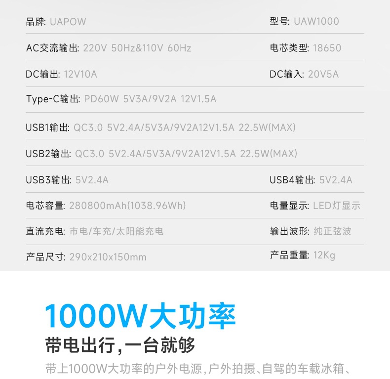 1000W户外移动电源太阳能储能电源220v大功率自驾摆摊停电用2000W详情3