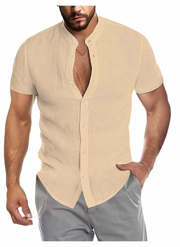 Summer V-neck Linen New Style Collarless Short-sleeve Men's Shirt, Versatile