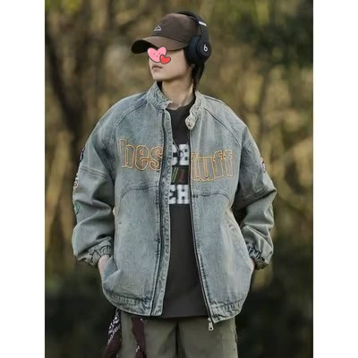 Denim retro jacket, universal trend patch, American style, with embroidery, oversize