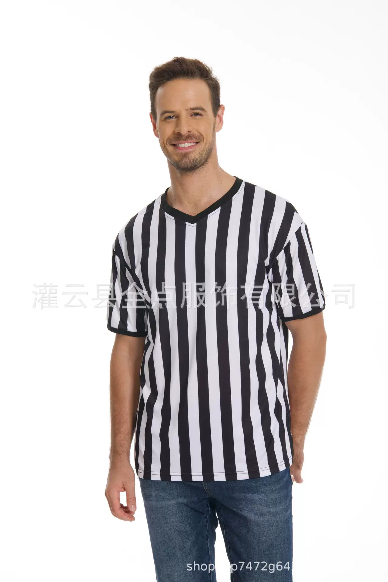 条纹V领T恤篮球足球裁判服排汗短袖运动服男款T恤体育装备透气