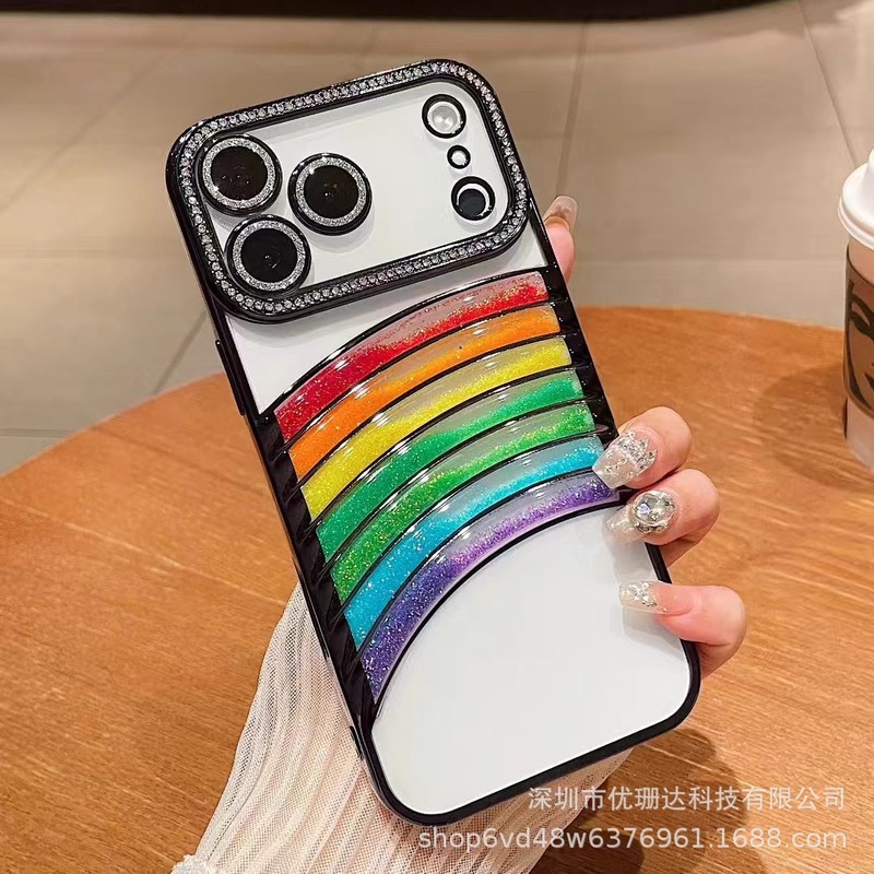 适用iPhone17promax立体流沙彩虹手机壳苹果16闪钻电镀全包保护套|undefined