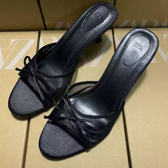 ZA Home 2025 New Women's Shoes Fashionable and Versatile One Belt Back Empty Slippers Fabric Bow Decoration High Heels Sandals