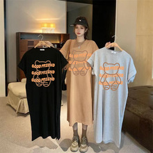 休闲半袖中长款T恤女胖MM大码夏季新款卡通宽松包臀打底衫上衣潮